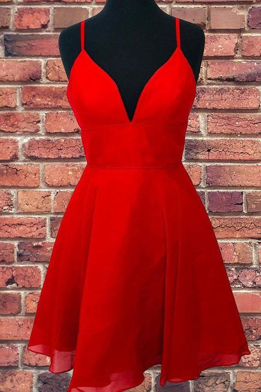 A Line V Neck Open Back Red Short Prom Dress, Backless Red Homecoming Dress, Short Red Formal Evening Dress,DS0942