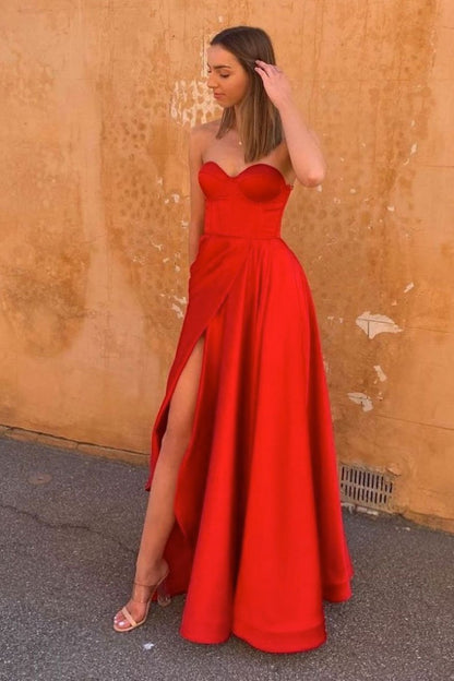 Simple red satin long prom dress red formal dress,DS1995