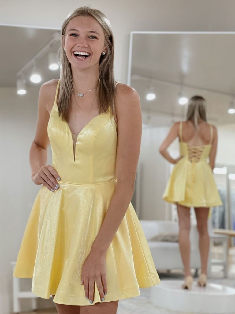 Simple yellow v neck short prom dress, yellow cocktail dress,DS0820