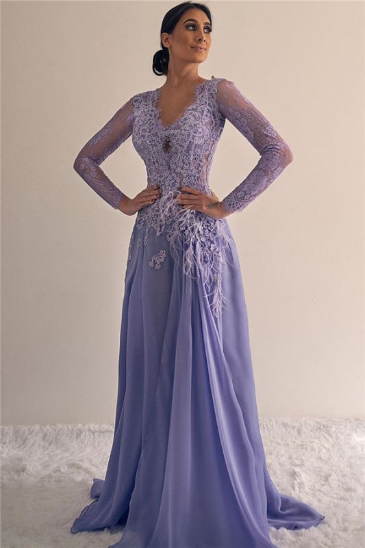 A-line Floor-length Beading V-neck Long-sleeve Lace Prom Dress,DS2879