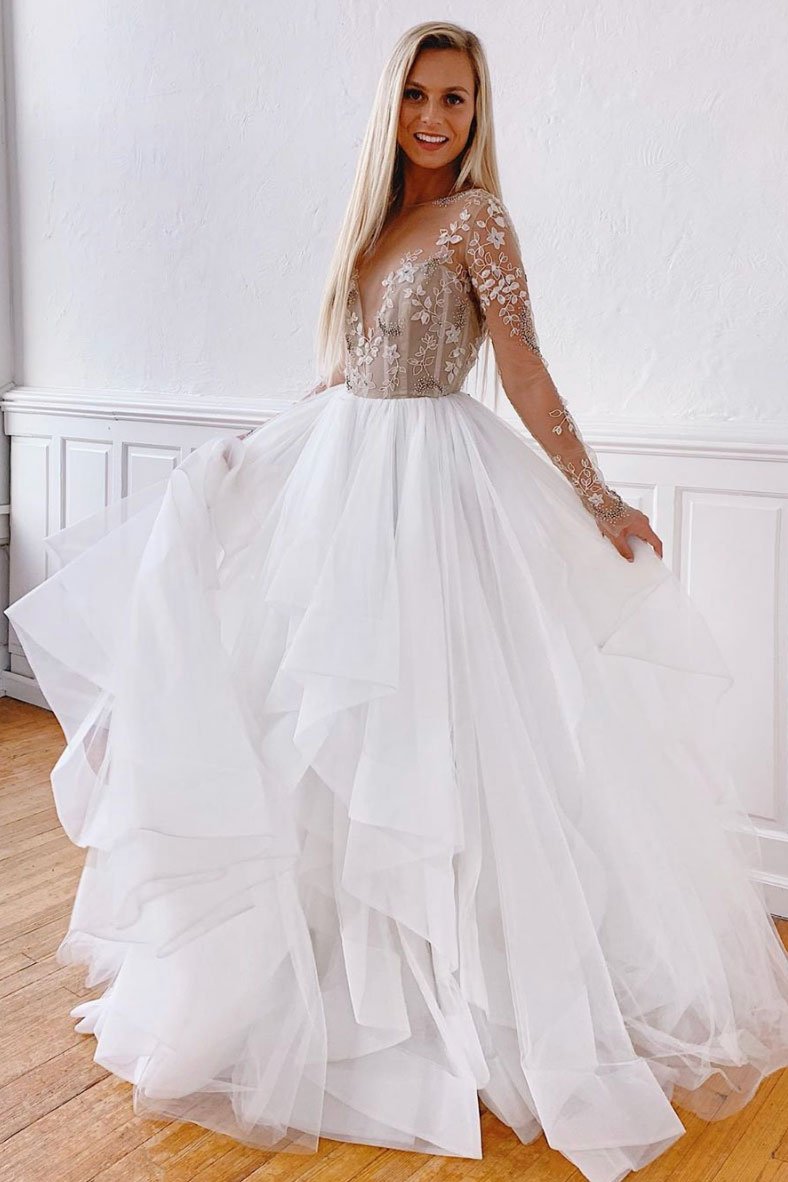 White round neck tulle lace long prom dress white evening dress,DS2367