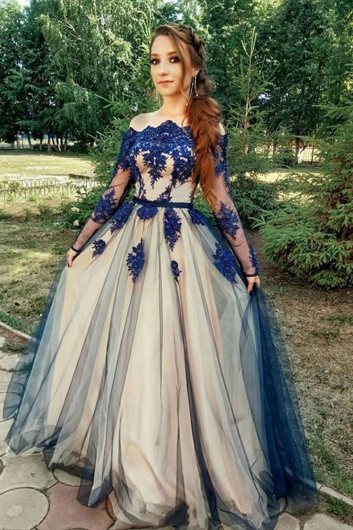 Blue lace tulle long prom dress, blue evening dress,DS2424