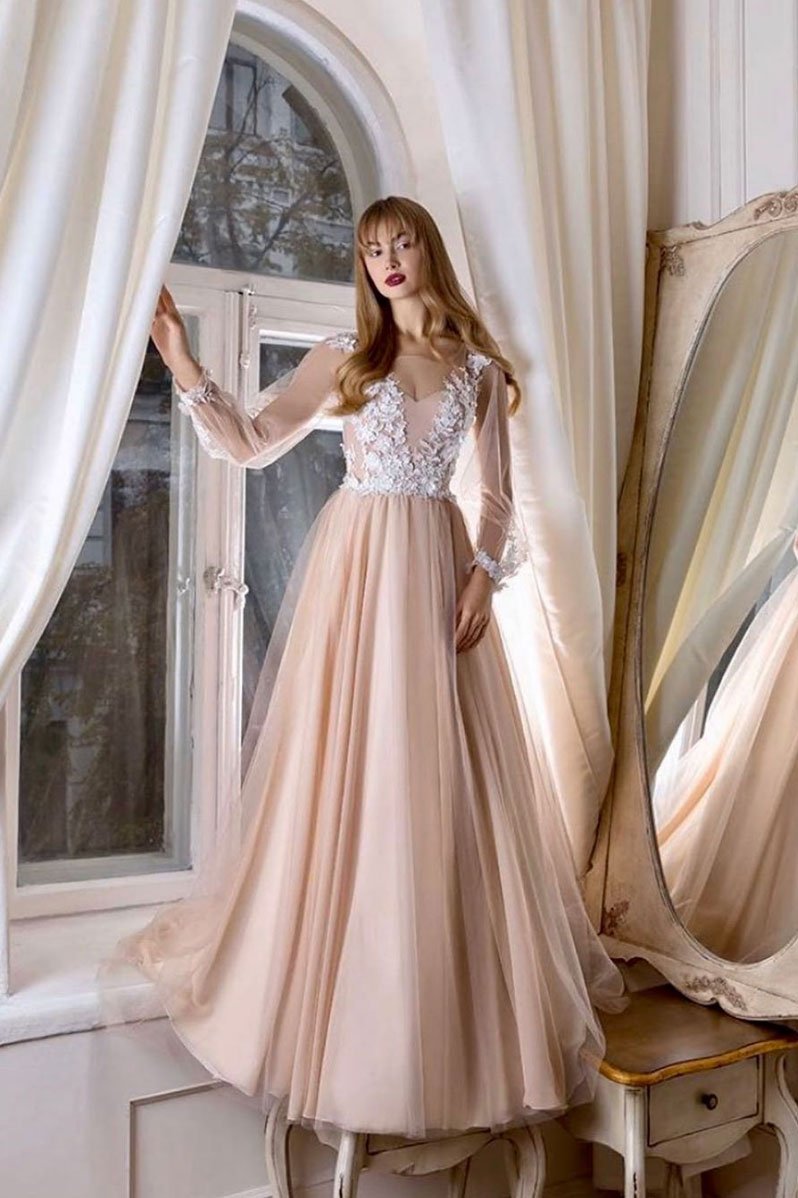 Champagne v neck tulle lace long prom dress tulle evening dress,DS2318