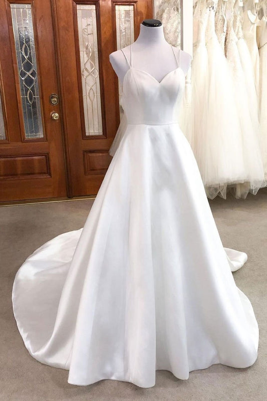 Simple white v neck satin long wedding dress white bridal dress,DS2101