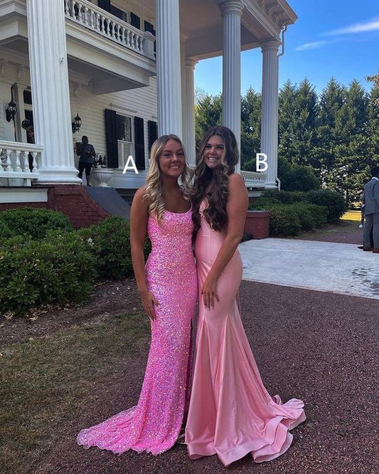 Sparkly Mermaid Scoop Neck Pink Sequin Long Prom Dresses,DS4119