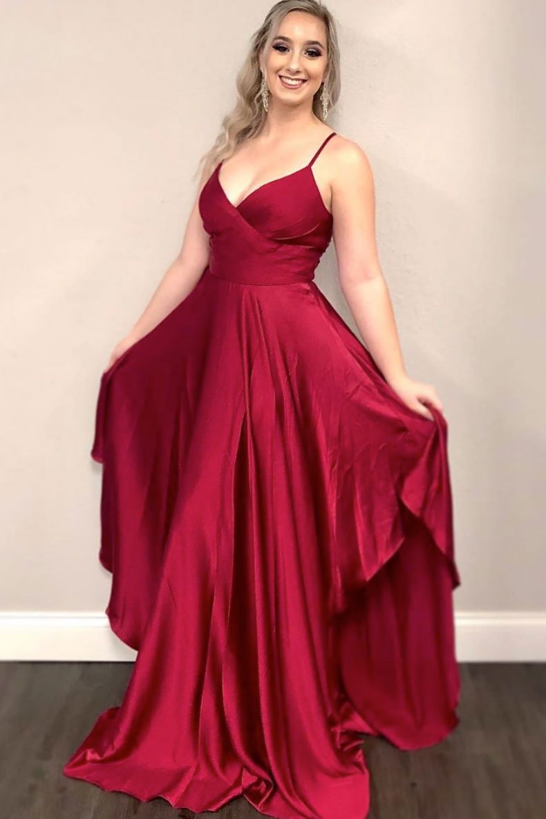 Simple burgundy satin long evening dress long bridesmaid dress,DS2111