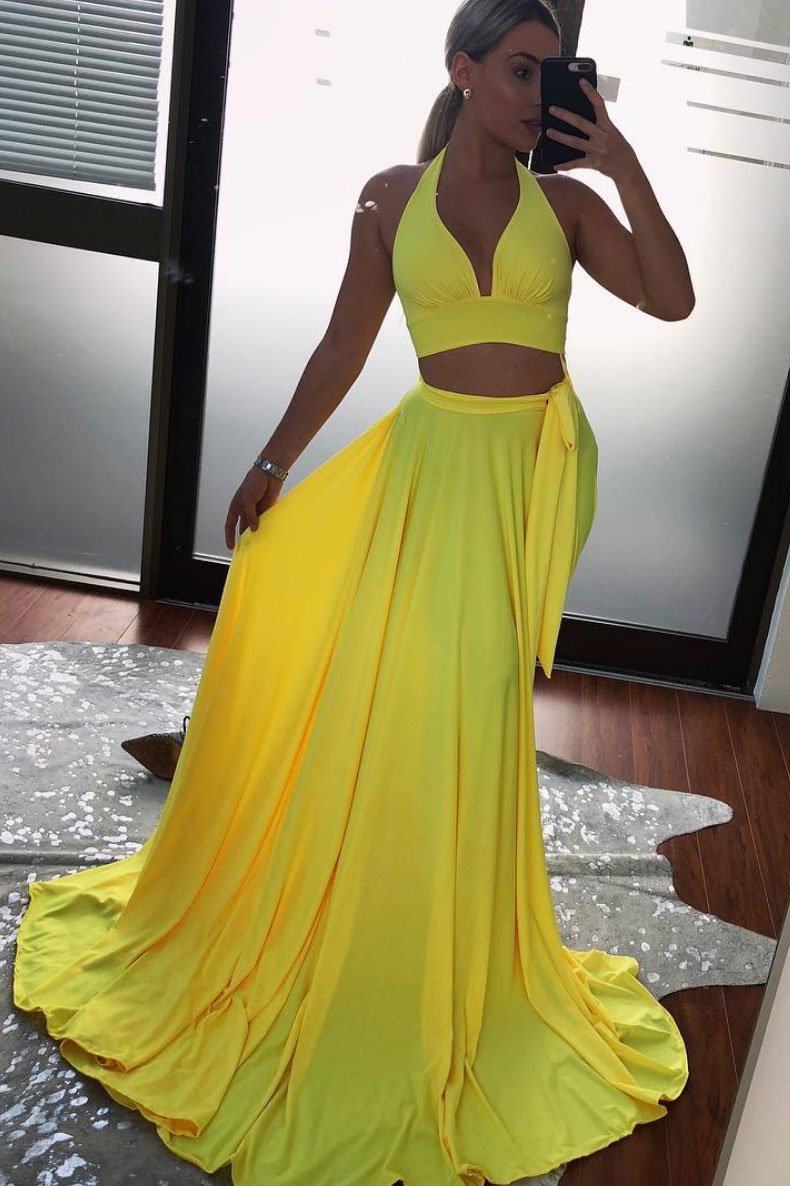 Simple yellow two pieces long prom dress yellow evening dress,DS2402
