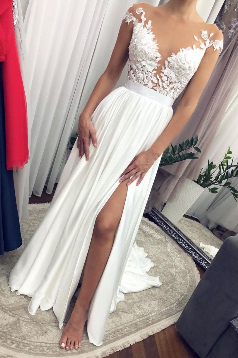 White round neck lace long prom dress white lace bridesmaid dress,DS2114