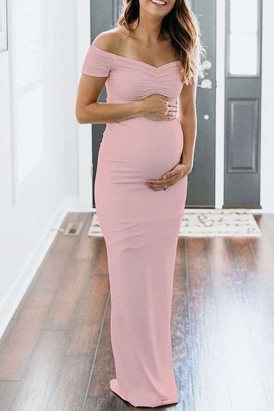 Maternity Solid Pink Off Shoulder Short Sleeve Dress,DS5101