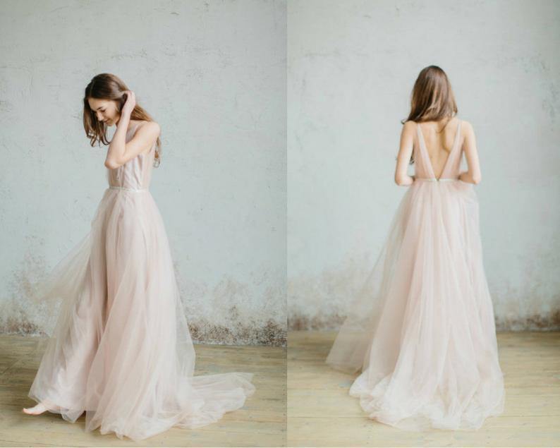 Simple V-neck Tulle Open Back Bridal Gown Beach Wedding Dresses  ,DS2678