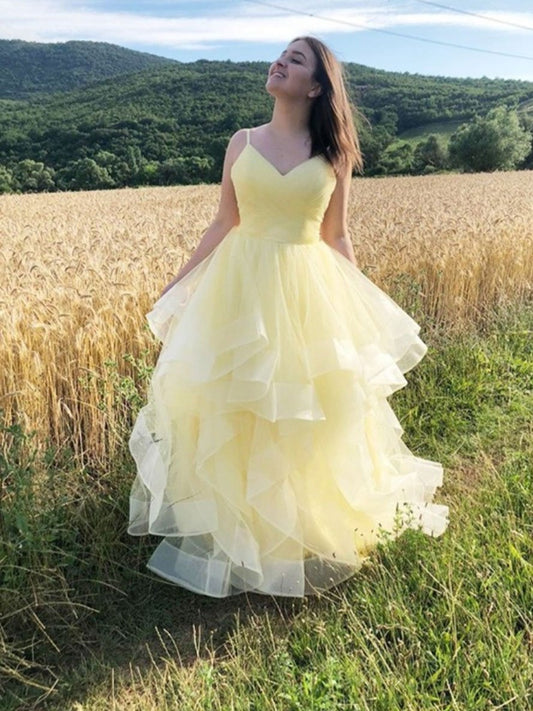 Yellow v neck tulle long prom dress, yellow tulle formal dress,DS1970