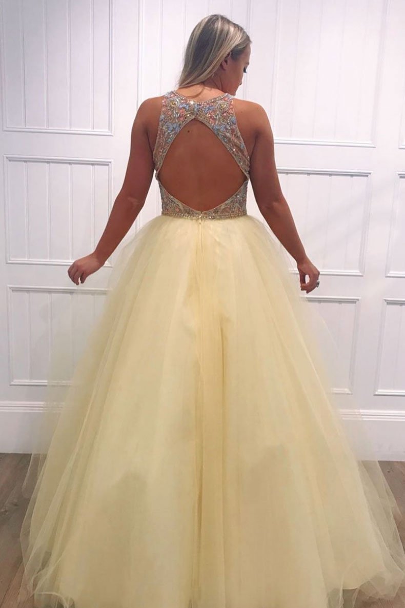 Yellow tulle v neck beads long prom dress yellow evening dress,DS2336