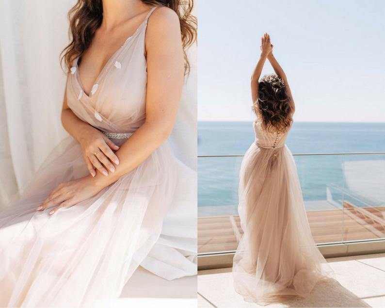 Simple V-neck Tulle Open Back Bridal Gown Beach Wedding Dresses  ,DS2678