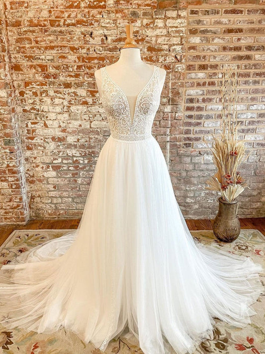 White v neck tulle lace long prom dress, white tulle wedding dress ,DS4011