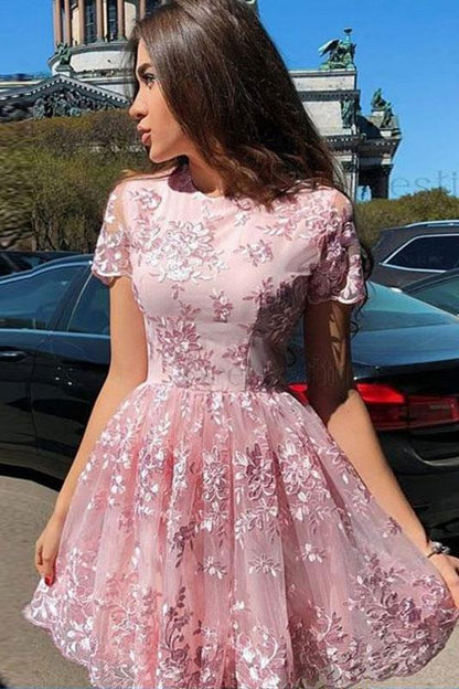 Pink tulle lace short prom dress pink homecoming dress,DS1189