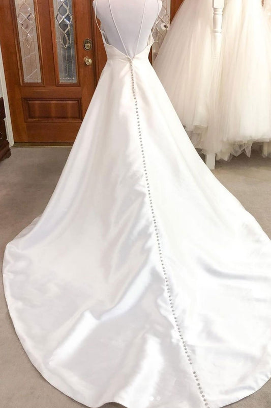 Simple white v neck satin long wedding dress white bridal dress,DS2101