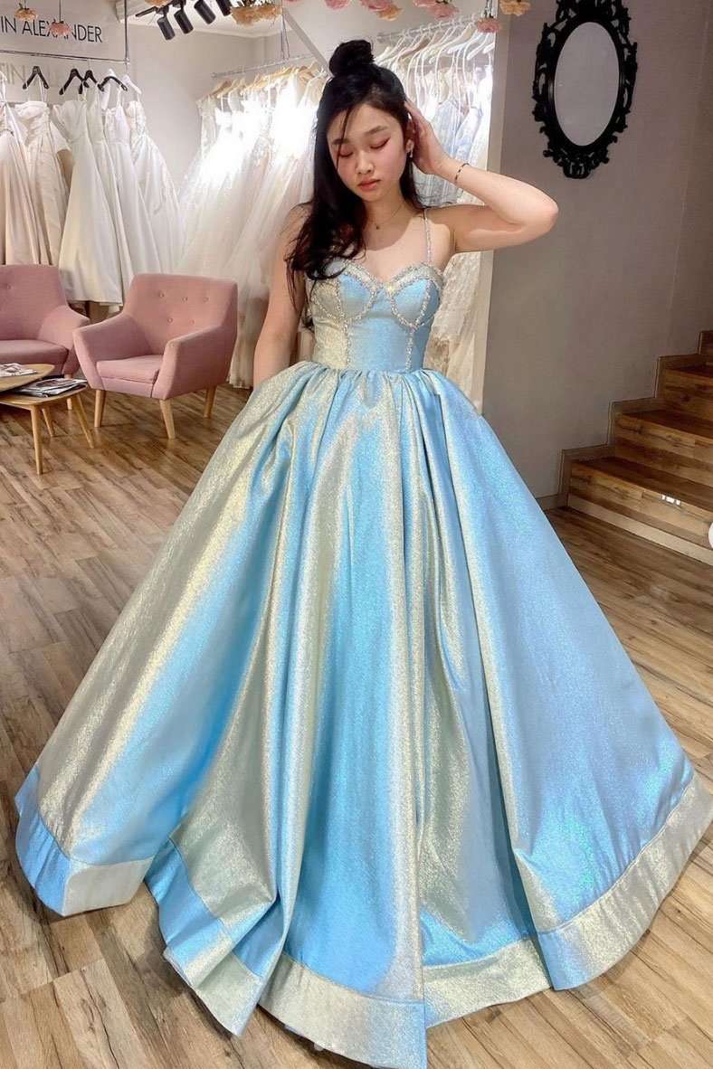 Blue sweetheart satin long prom dress blue sweet 16 dress,DS2084