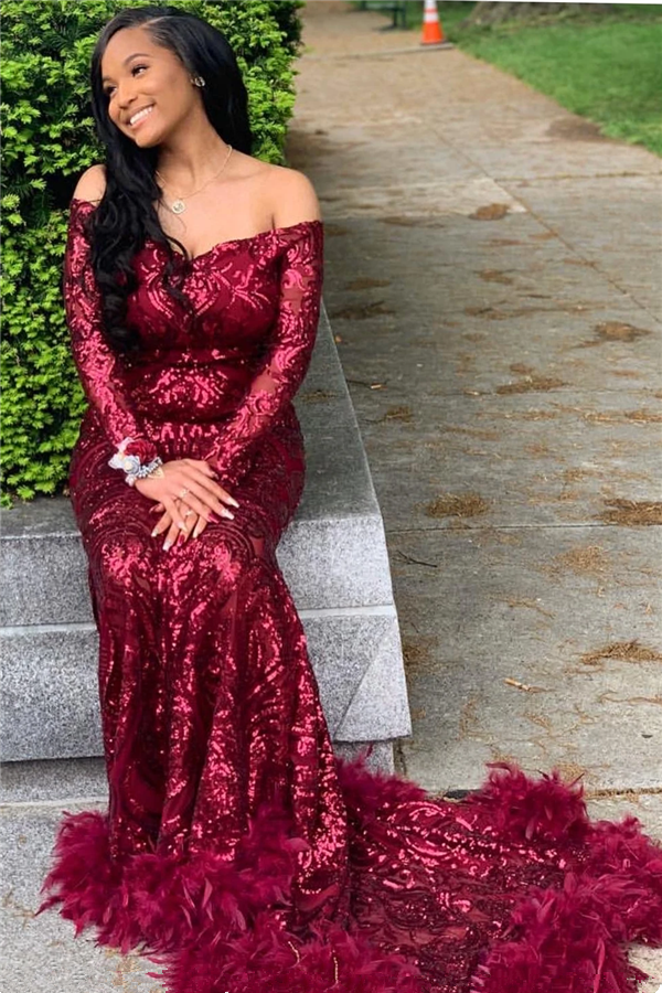 Long Sleeve Mermaid Prom Dresses Long Red Lace Gorgeous Formal