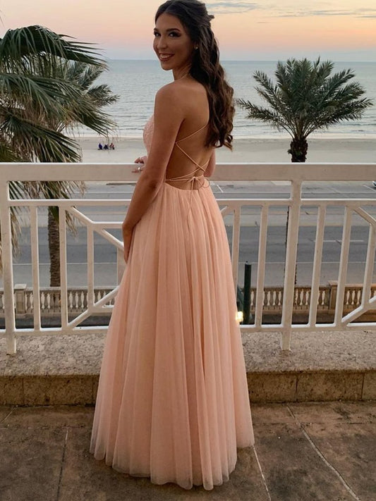 A Line Backless Pink Lace Long Prom Dresses, Pink Lace Formal Dresses, Pink Evening Dresses,DS2578