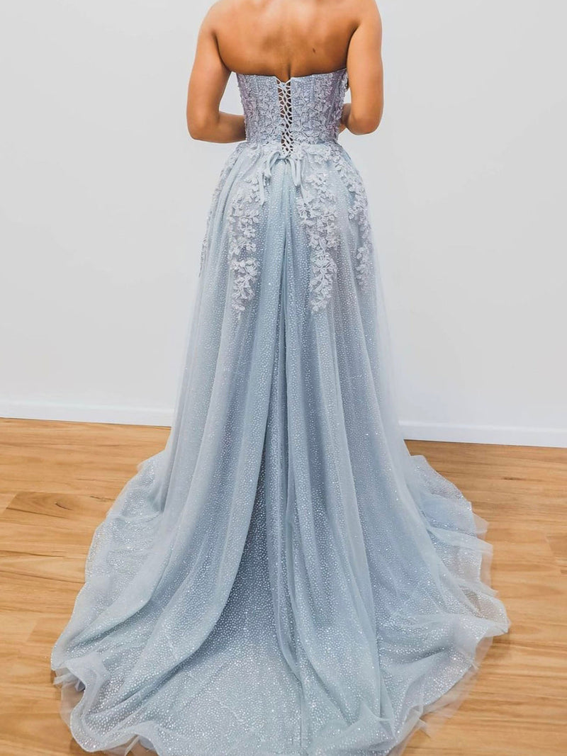 GRAY TULLE SEQUIN LONG PROM DRESS, GRAY TULLE EVENING DRESS,F04752