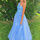 Blue one shoulder sequin tulle long prom dress blue evening dress,DS2000