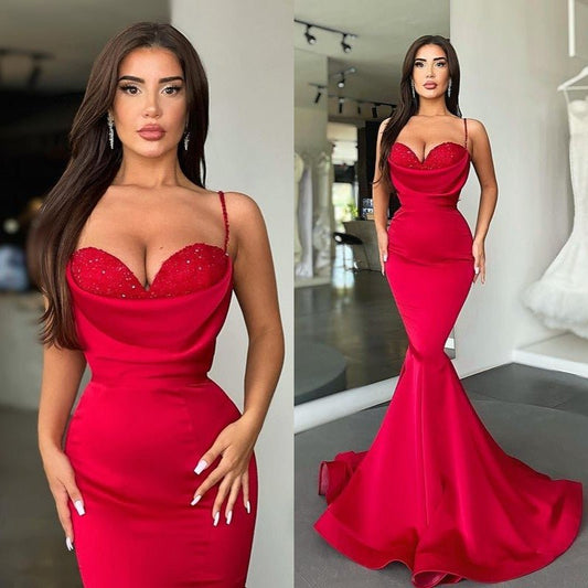 Fabulous Red Spaghetti-Straps Mermaid Prom Dress Long With Beads,DS4681