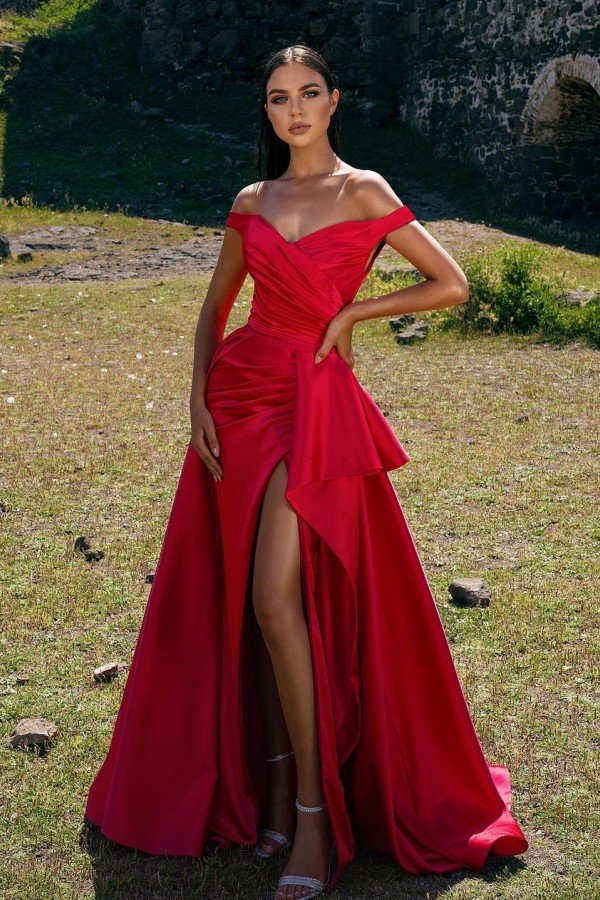 Chic Off-the-Shoulder Red Prom Dress Long Split With Ruffle,F04781