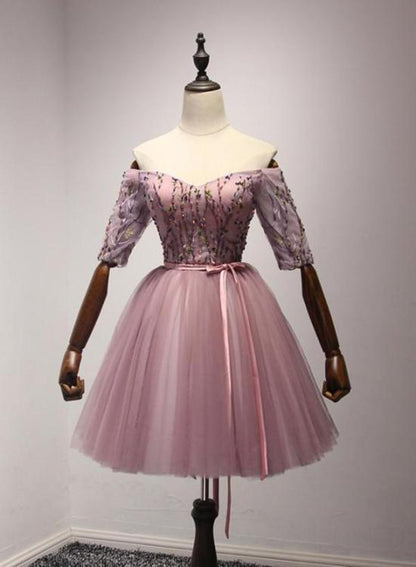 Pink Tulle Off Shoulder Ball Short Homecoming Dresses, Cute Dark Pink Prom Dress,DS1074