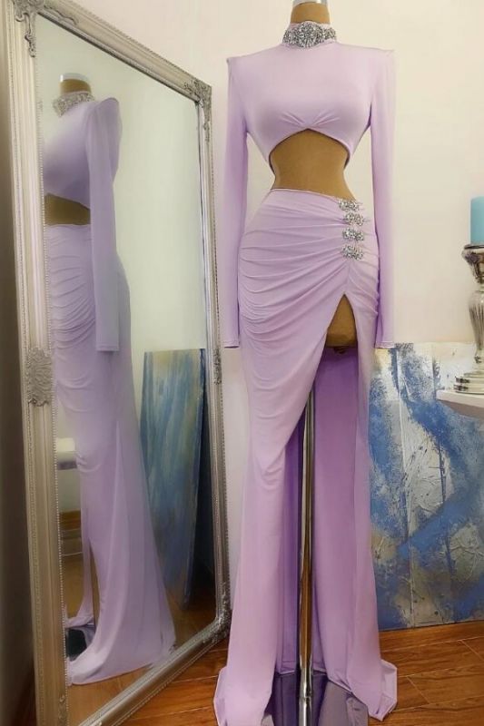 Sexy High Slit Long Sleeves High Neck Prom Dress On Sale,DS2834