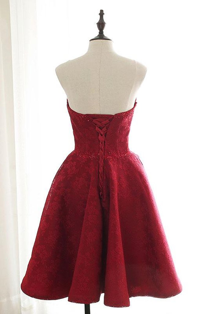 Strapless Backless Burgundy Lace Short Prom Dress, Short Burgundy Lace Homecoming Dress, Maroon Lace Formal Evening Dress ,DS0954