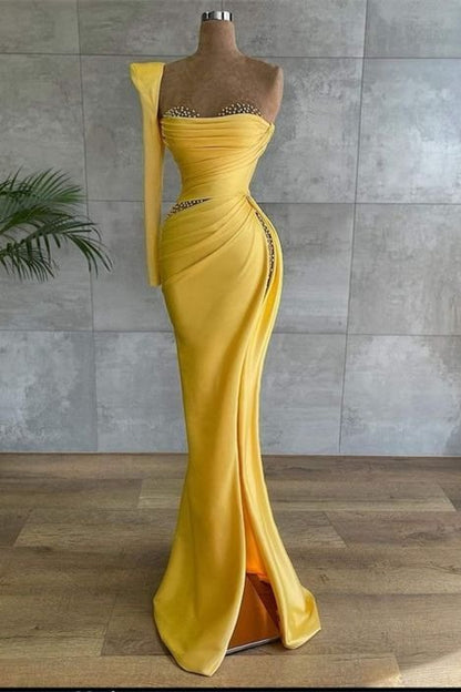 Gorgeous Yellow Sweetheart Mermaid Prom Dress Split With Beads,F04848