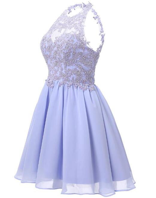 Lovely Chiffon Halter Homecoming Dress, Knee Length Party Dress with Lace Applique,DS1094