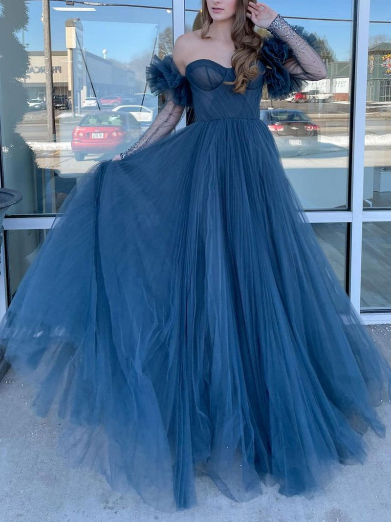 GRAY BLUE TULLE LONG PROM DRESS, BLUE LONG SLEEVES EVENING DRESS,F04759