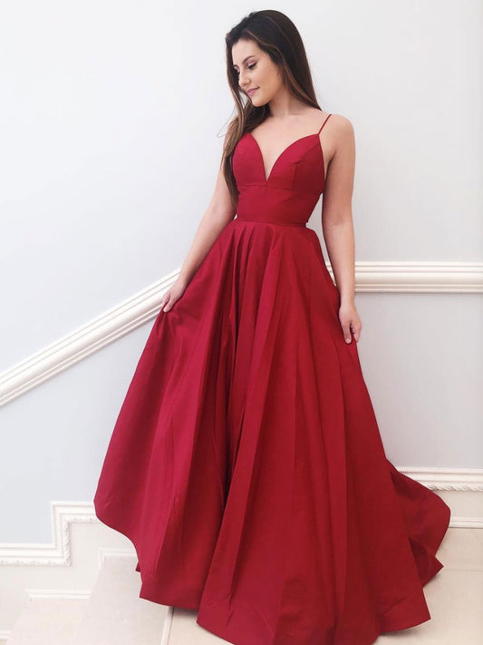 Red v neck satin A-line long prom dress red bridesmaid dress,DS1990
