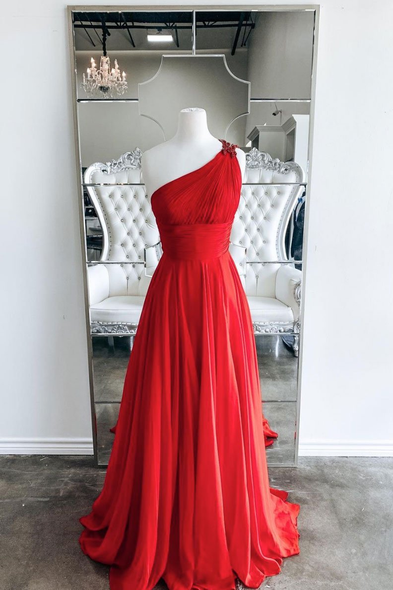Red one shoulder long prom dress red evening dress,DS2095