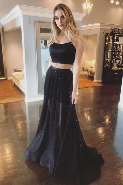 Black two pieces tulle long prom dress black evening dress,DS2092