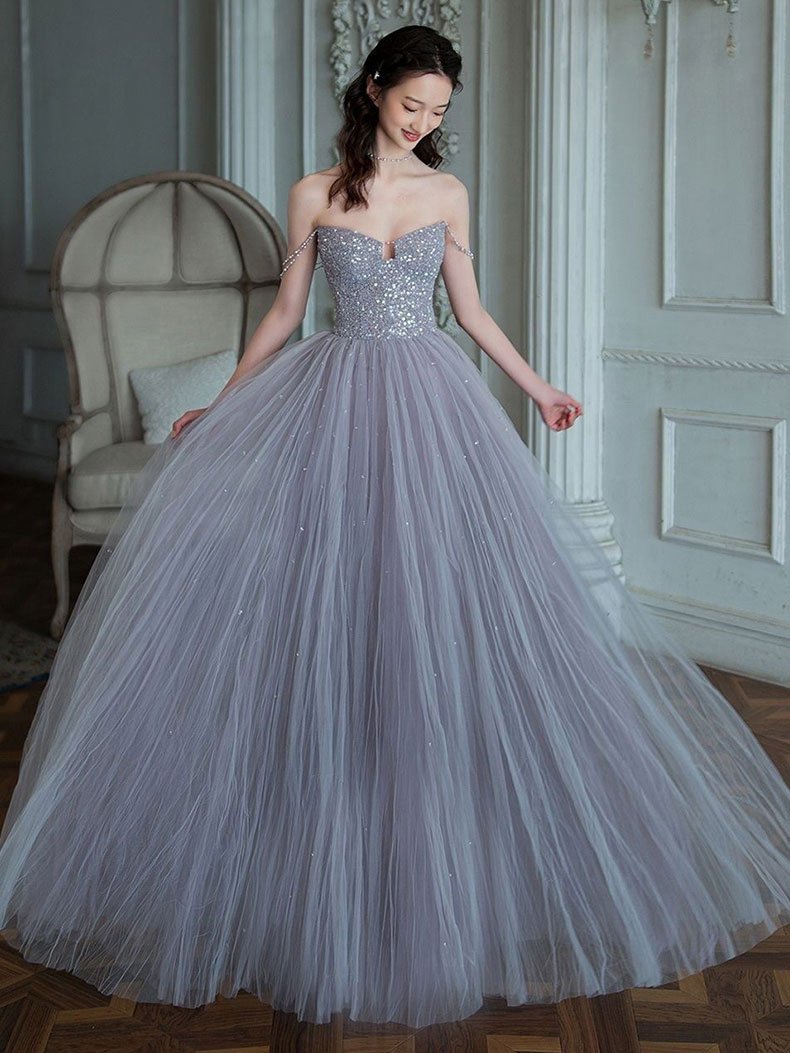 Unique sweetheart sequin tulle long prom dress tulle evening dress,DS2001