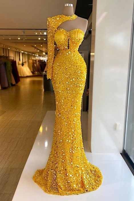 Glamorous One Shoulder Long Sleeves Mermaid Prom Dress With Sequins Beads,DS4638