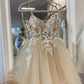 CHAMPAGNE TULLE LACE SHORT PROM DRESS, LACE HOMECOMING DRESS,F04763