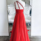 Red one shoulder long prom dress red evening dress,DS2095