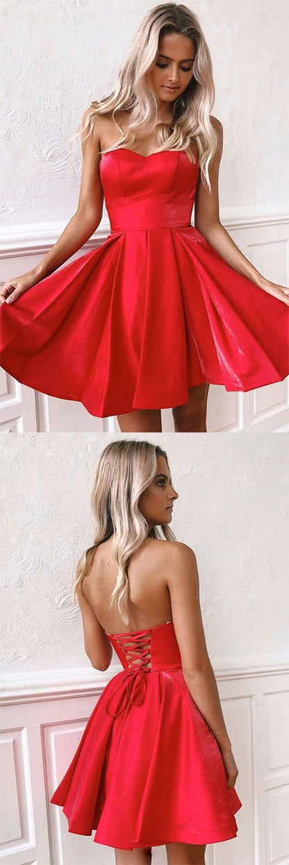 Simple sweetheart red satin short prom dress red homecoming dress,DS1166
