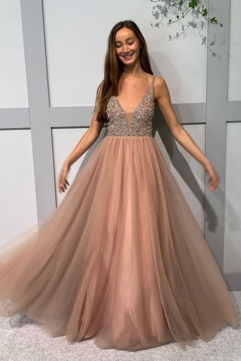 Champagne v neck tulle beads long prom dress champagne evening dress,DS2328