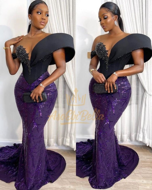 Aso Ebi Dresses,Purple sequin lace dress with exaggerated sleeve and deep plunging neckline,DS4714
