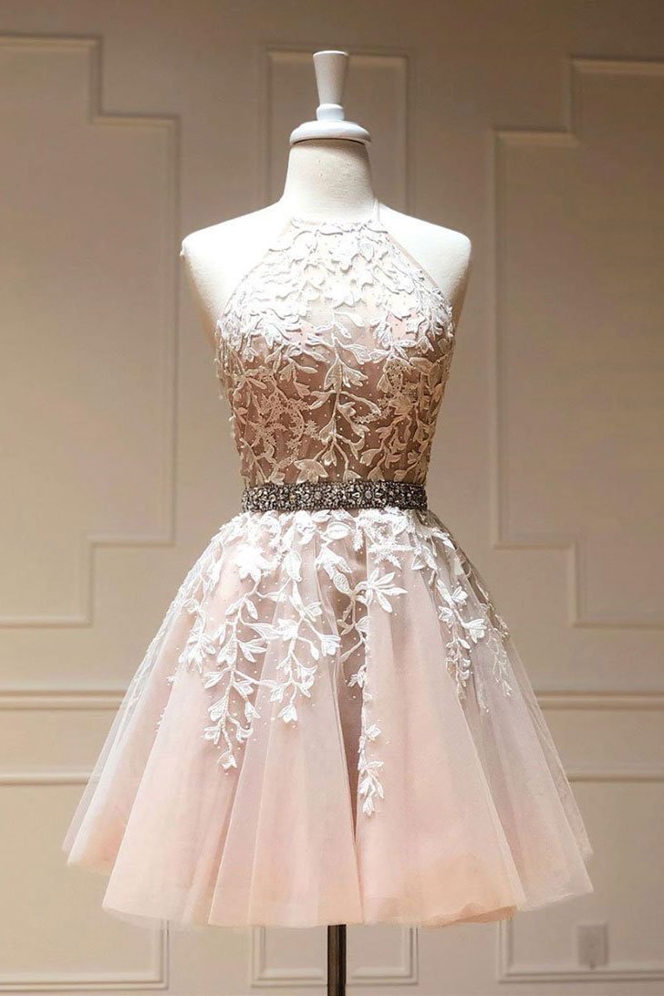 Champagne tulle lace short prom dress champagne homecoming dress,DS1200