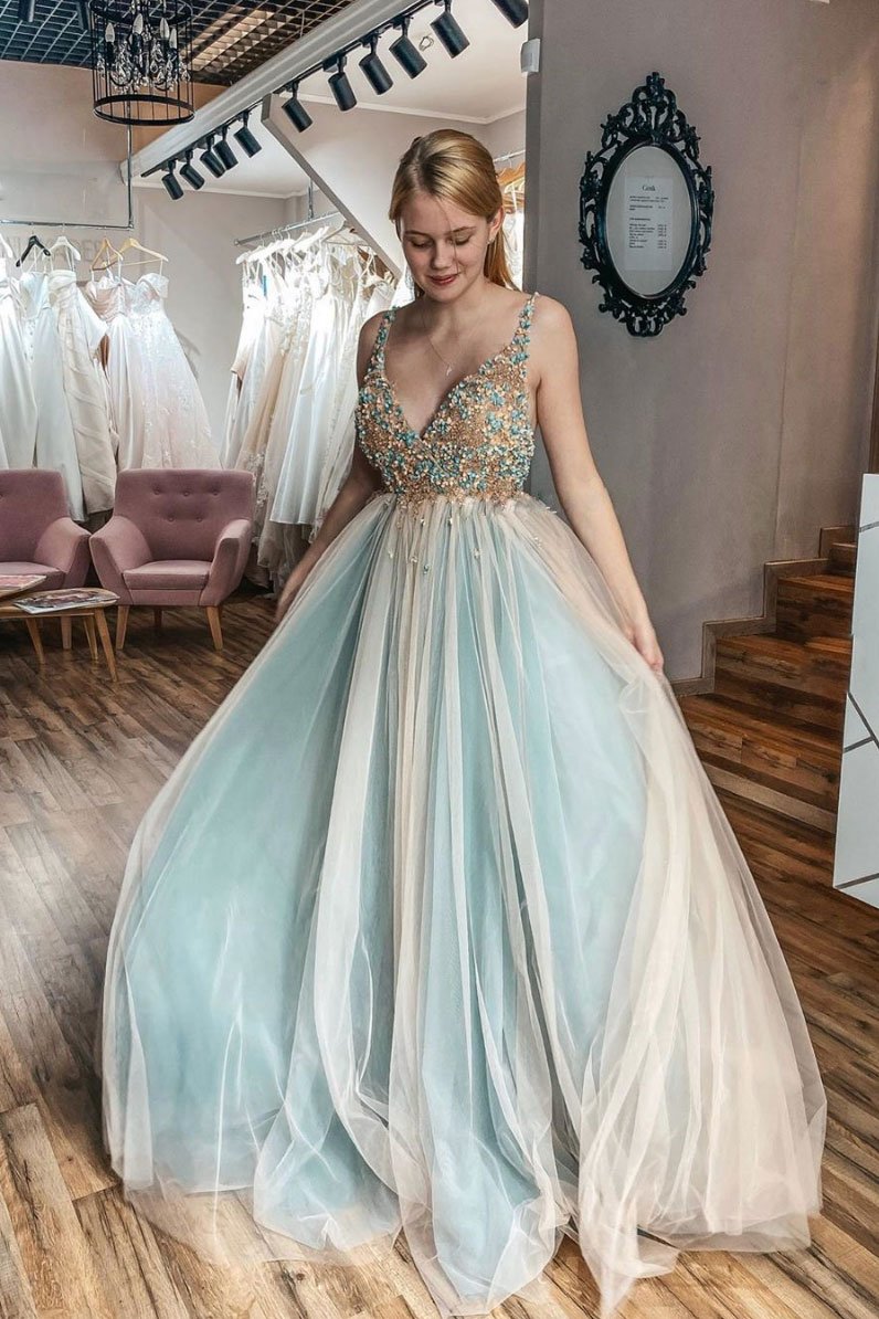 Unique v neck tulle lace long prom dress tulle formal dress,DS2327