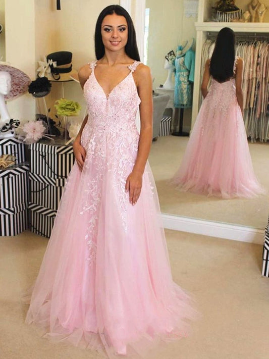 A Line V Neck Pink Lace Long Prom Dresses, Pink Lace Formal Dresses, Pink Evening Dresses ,DS2581