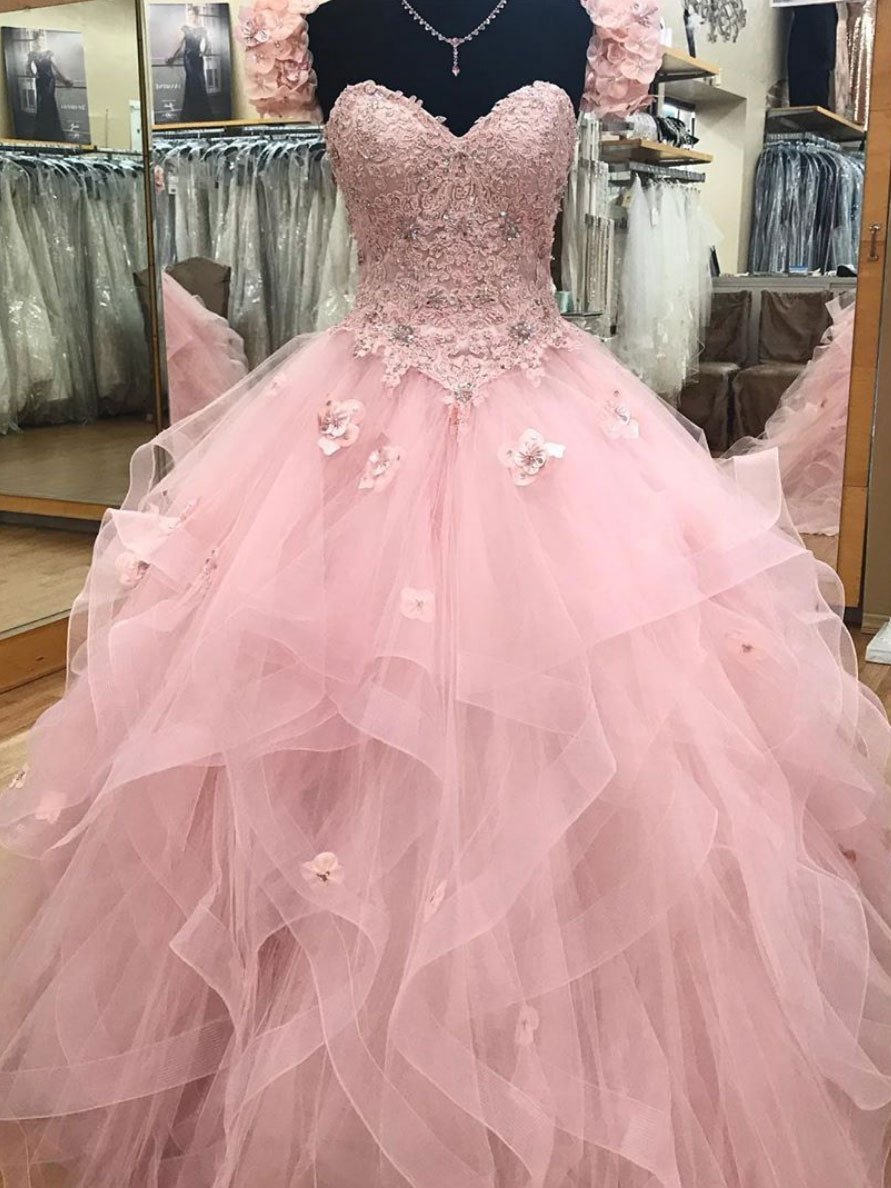 Pink Sweetheart neck tulle lace long prom dress, sweet 16 dress,DS1942