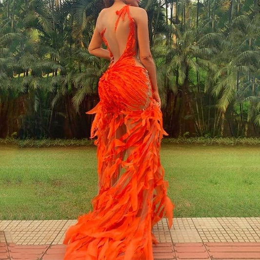 Sexy Cutout Orange Prom Dresses Tight Sheer High Low Jewel Neck Low Back Sleeveless Pageant Event Party Long Gowns,DS4174