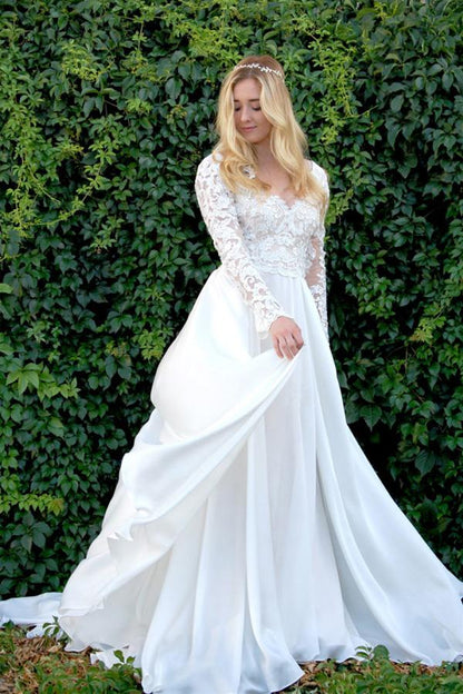 A-Line V-Neck Long Sleeves Wedding Dress with Lace Appliques ,DS2680