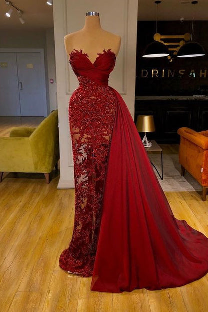 luxury Burgundy Detachable Train Mermaid Prom Dress with Lace,F04810